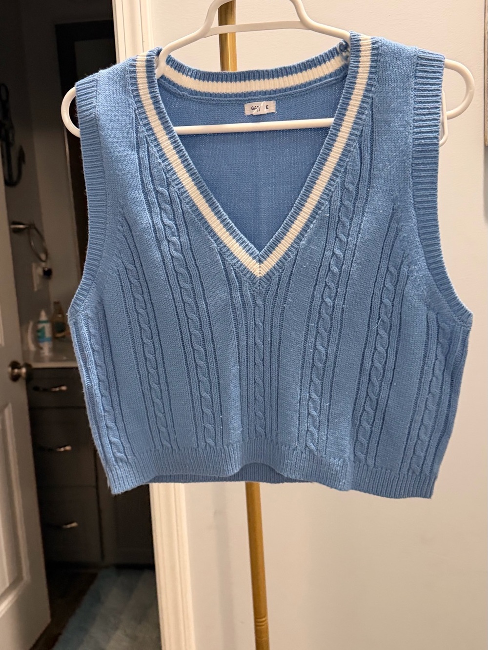 Garage Light Blue Cable Knit V-Neck Sweater Vest with Cream Trim